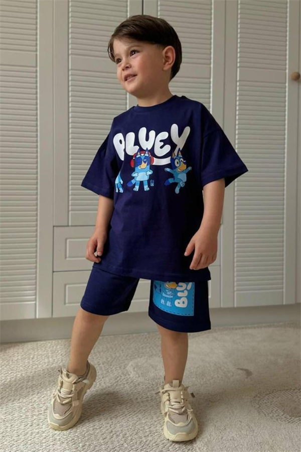   Erkek Çocuk Bluey Koyu Laci  Yaz Şortlu Takım  