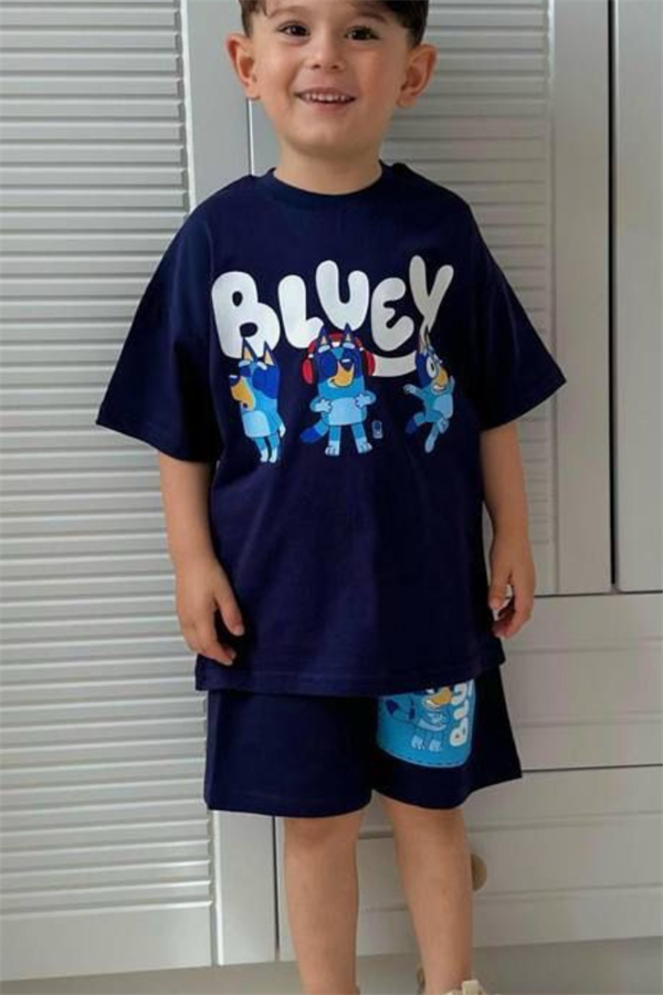   Erkek Çocuk Bluey Koyu Laci  Yaz Şortlu Takım  