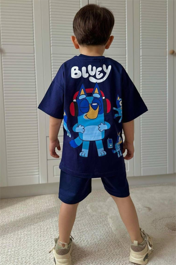   Erkek Çocuk Bluey Koyu Laci  Yaz Şortlu Takım  