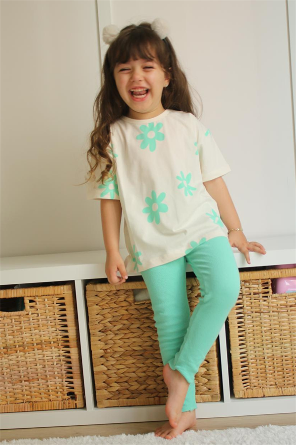  Turkuaz Çiçekli Tayt Takım