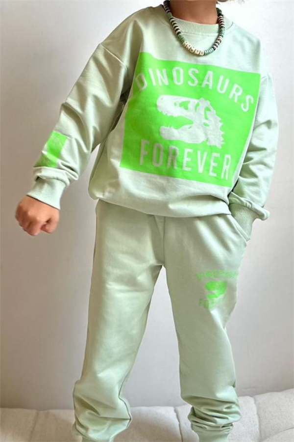 Erkek Çocuk 2 İplik Bej Neon Dinazorlu Takım