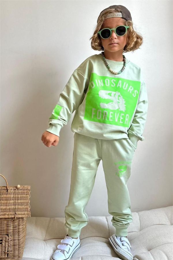 Erkek Çocuk 2 İplik Bej Neon Dinazorlu Takım