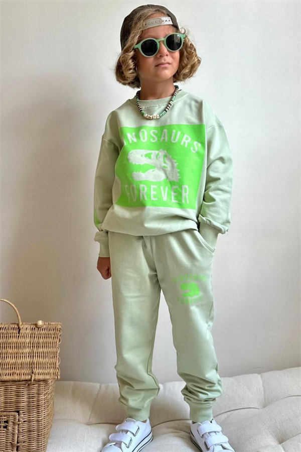 Erkek Çocuk 2 İplik Bej Neon Dinazorlu Takım