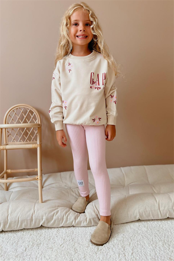 Kız Çocuk 3 İplik Çiçekli Krem Gap Taytlı Takım