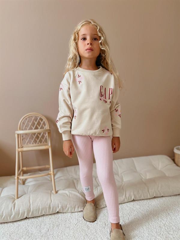 Kız Çocuk 3 İplik Çiçekli Krem Gap Taytlı Takım