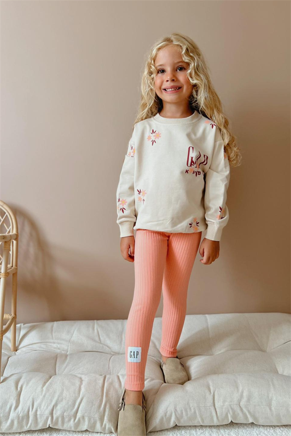 Kız Çocuk 3 İplik Çiçekli Somon Gap Taytlı Takım