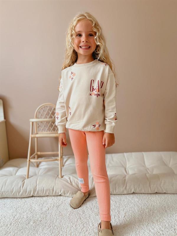 Kız Çocuk 3 İplik Çiçekli Somon Gap Taytlı Takım
