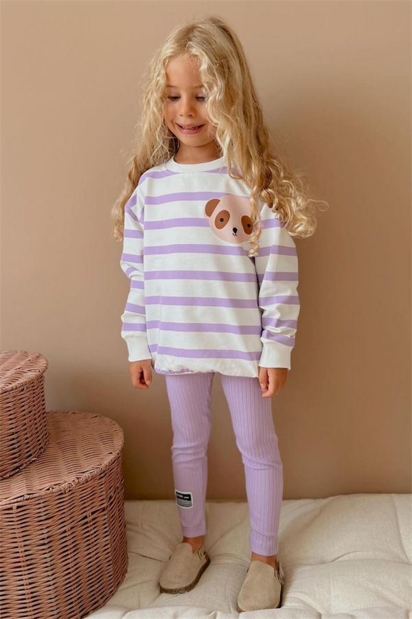 Kız Çocuk 2 İplik Çizgili Lila Köpekli Taytlı Takım