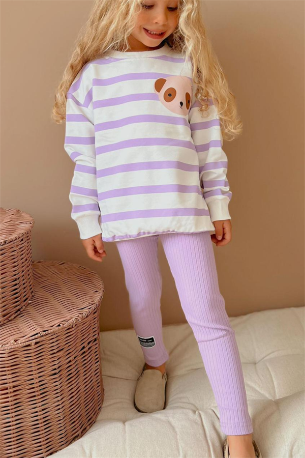 Kız Çocuk 2 İplik Çizgili Lila Köpekli Taytlı Takım