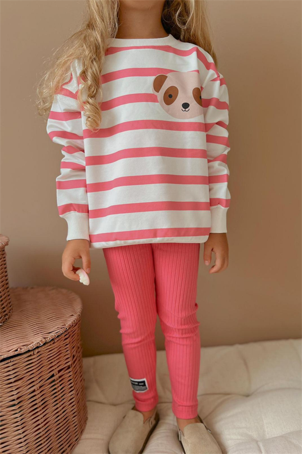Kız Çocuk 2 İplik Çizgili Pembe Köpekli Taytlı Takım