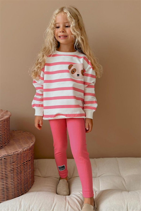 Kız Çocuk 2 İplik Çizgili Pembe Köpekli Taytlı Takım