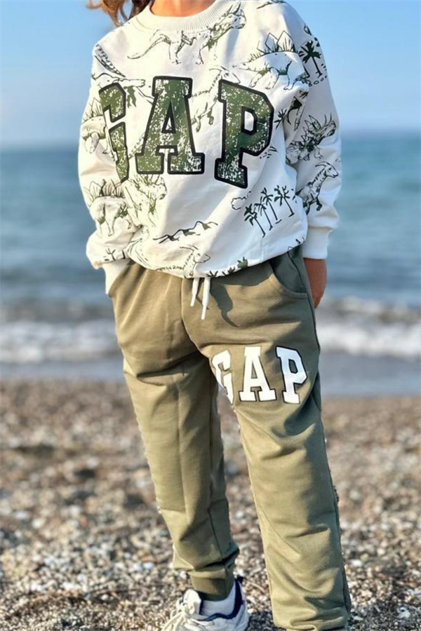 Erkek Çocuk 2 İplik Dinazorlu Haki Gap Eşofman Takım