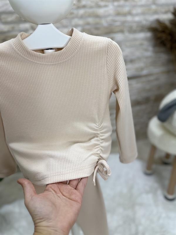 2 İplik Fitilli Bürümcük Detaylı Krem Tayt Takım