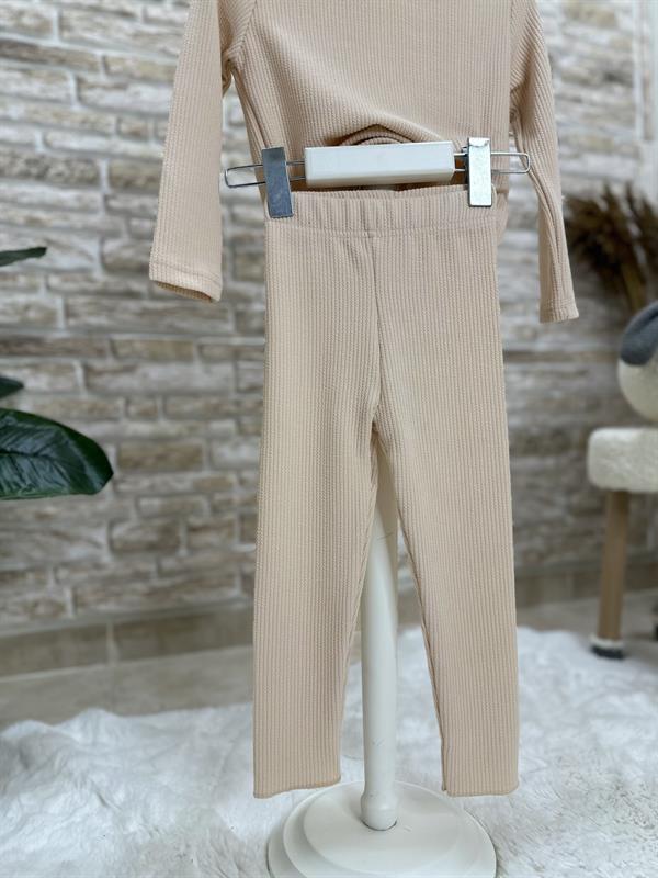 2 İplik Fitilli Bürümcük Detaylı Krem Tayt Takım