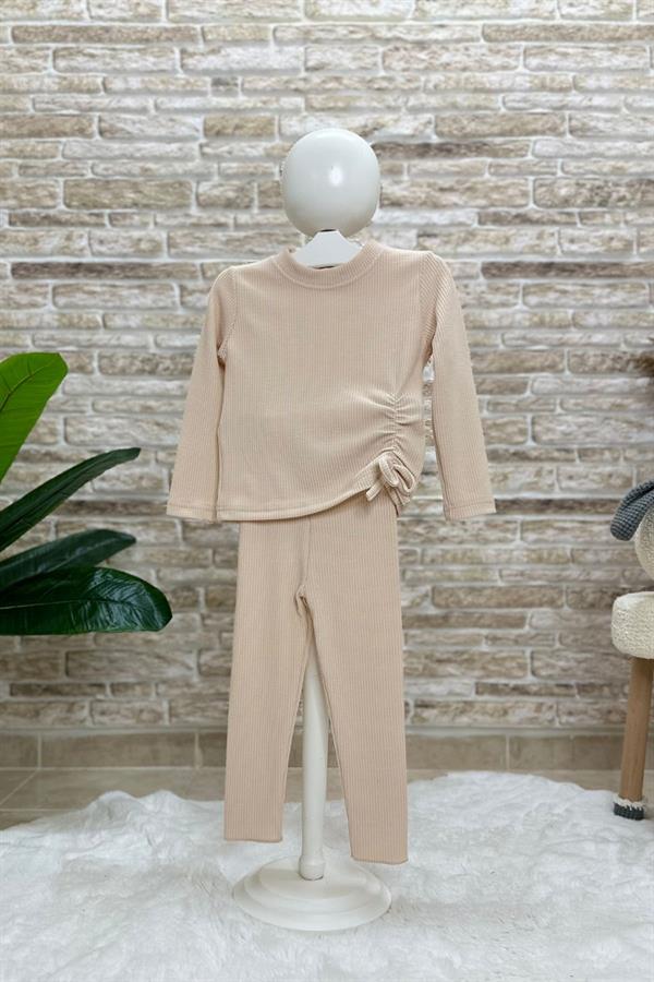 2 İplik Fitilli Bürümcük Detaylı Krem Tayt Takım