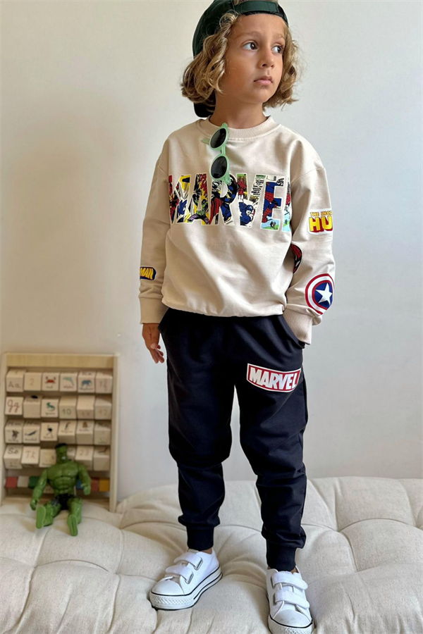 Erkek Çocuk 2 İplik Marvel Krem Laci Eşofman Takım