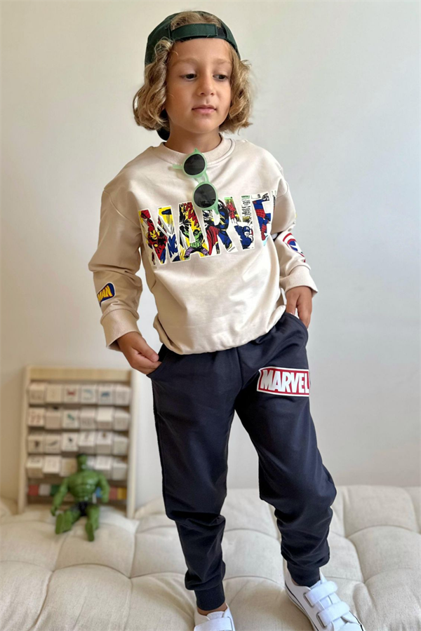 Erkek Çocuk 2 İplik Marvel Krem Laci Eşofman Takım