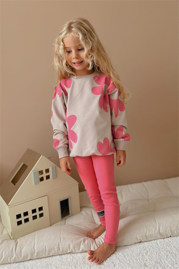 Kız Çocuk 2 İplik Papatyalı Fuşya Taytlı Takım