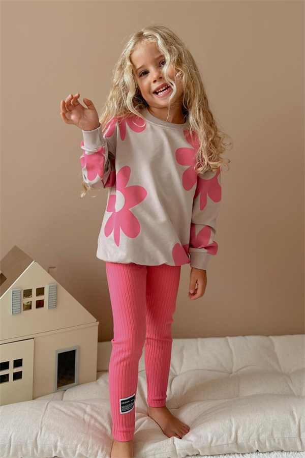 Kız Çocuk 2 İplik Papatyalı Fuşya Taytlı Takım