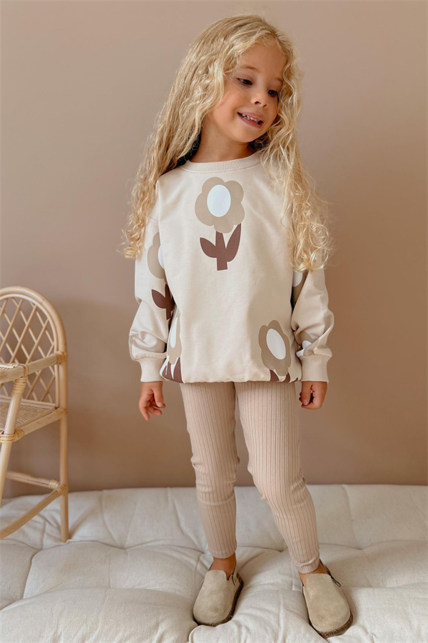 Kız Çocuk 2 İplik Papatyalı Krem Taytlı Takım