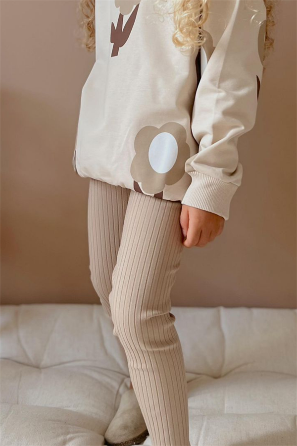 Kız Çocuk 2 İplik Papatyalı Krem Taytlı Takım