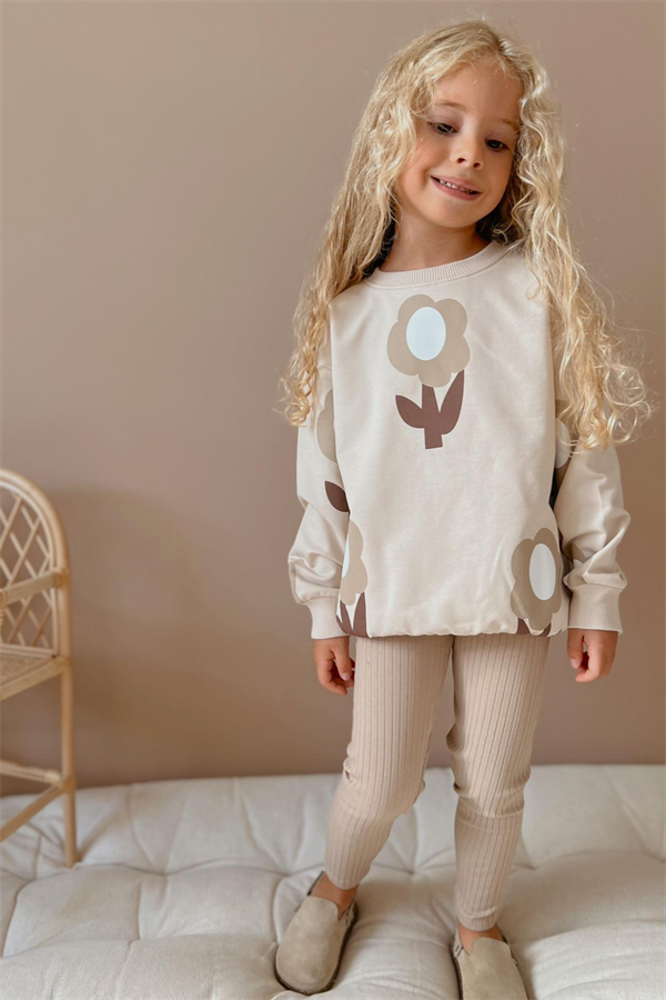 Kız Çocuk 2 İplik Papatyalı Krem Taytlı Takım