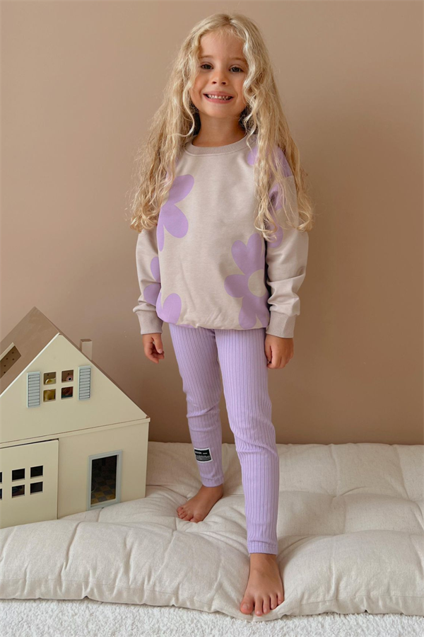 Kız Çocuk 2 İplik Papatyalı Lila Renk Taytlı Takım
