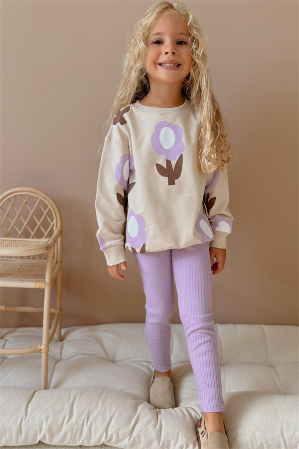 Kız Çocuk 2 İplik Papatyalı Lila Taytlı Takım