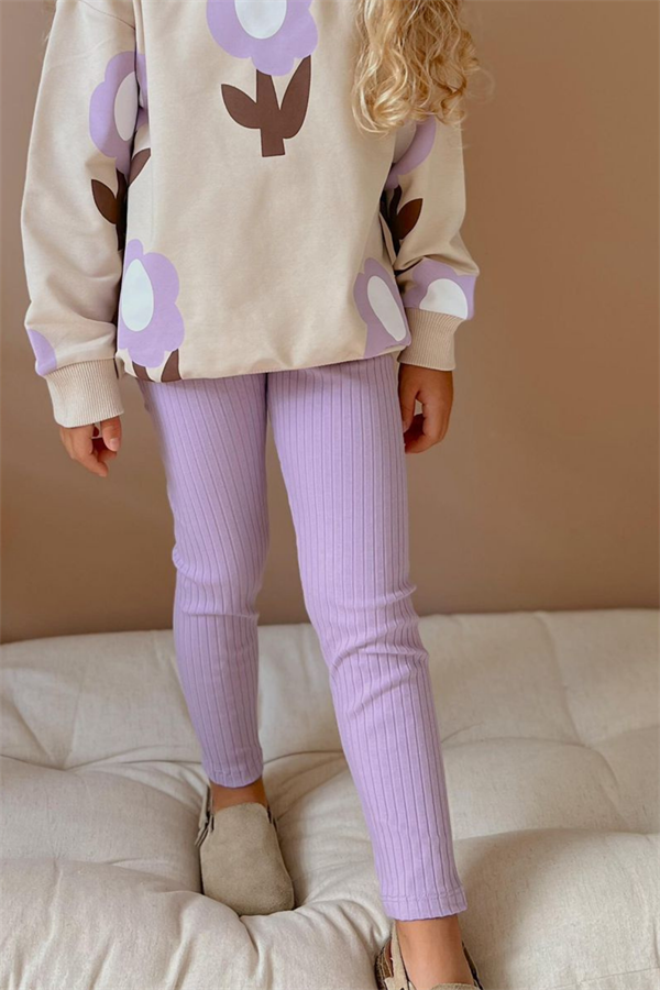 Kız Çocuk 2 İplik Papatyalı Lila Taytlı Takım