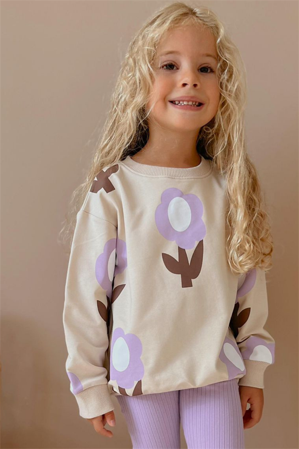 Kız Çocuk 2 İplik Papatyalı Lila Taytlı Takım