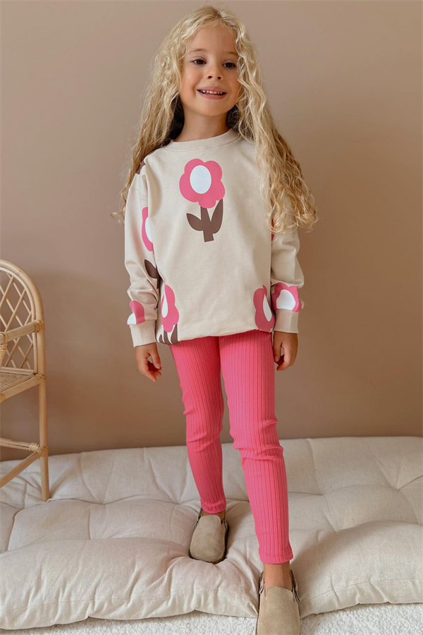 Kız Çocuk 2 İplik Papatyalı Pembe Taytlı Takım