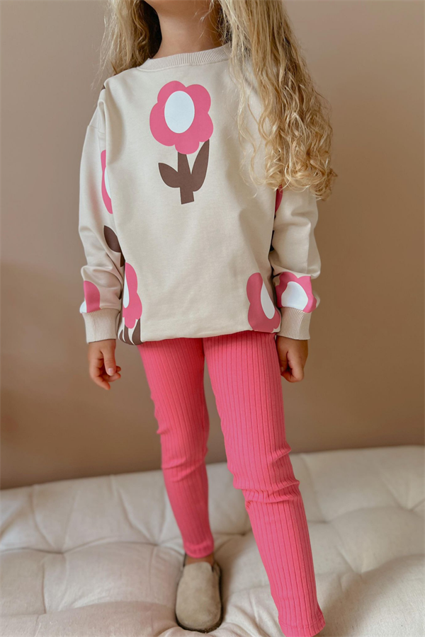 Kız Çocuk 2 İplik Papatyalı Pembe Taytlı Takım