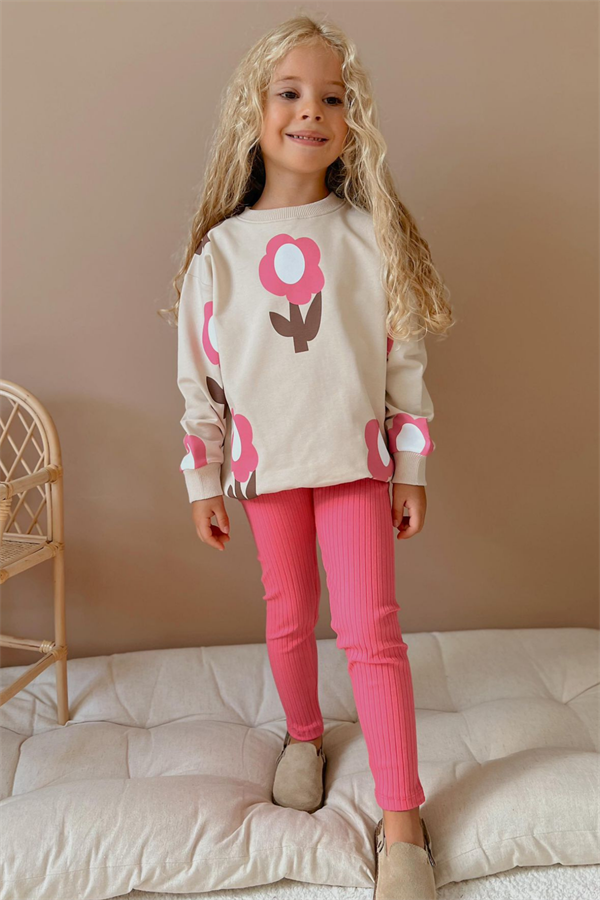 Kız Çocuk 2 İplik Papatyalı Pembe Taytlı Takım