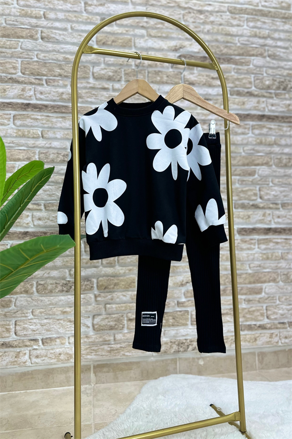 Kız Çocuk 2 İplik Papatyalı Siyah Taytlı Takım