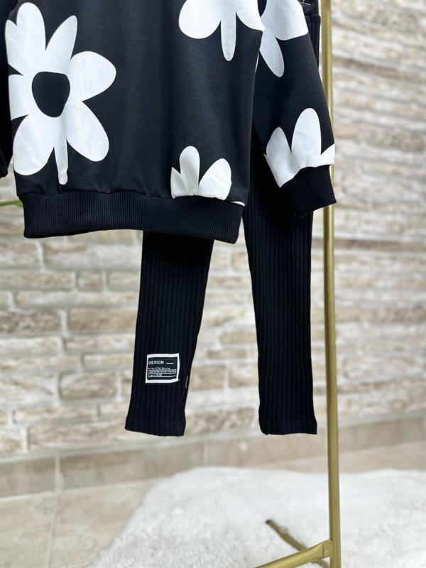 Kız Çocuk 2 İplik Papatyalı Siyah Taytlı Takım