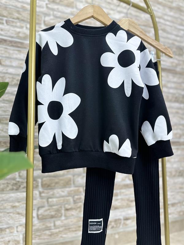 Kız Çocuk 2 İplik Papatyalı Siyah Taytlı Takım