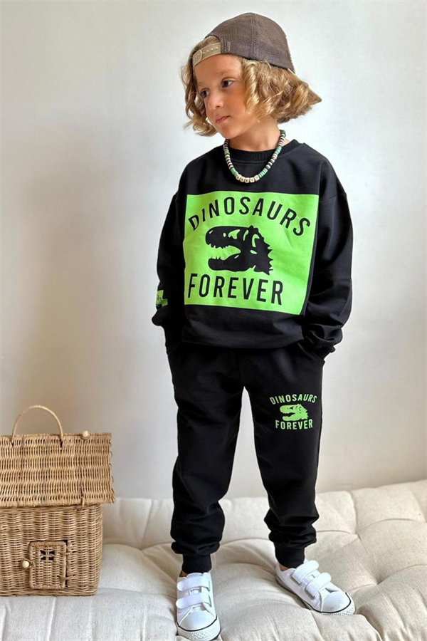 Erkek Çocuk 2 İplik Siyah Neon Dinazorlu Takım