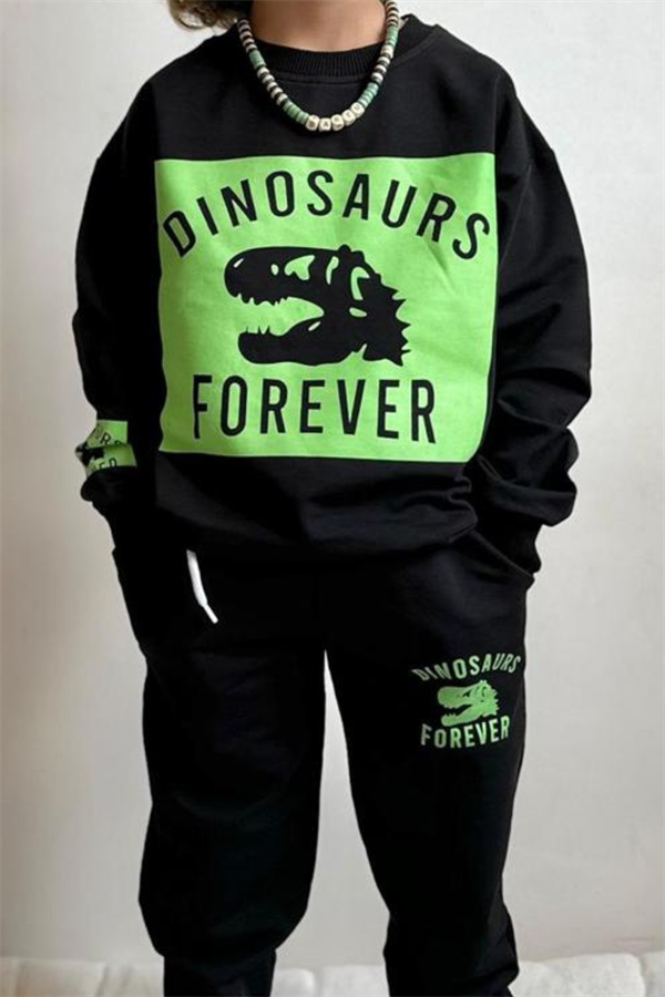 Erkek Çocuk 2 İplik Siyah Neon Dinazorlu Takım