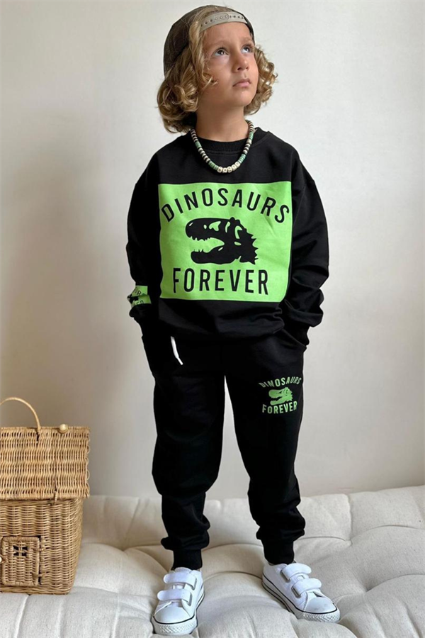 Erkek Çocuk 2 İplik Siyah Neon Dinazorlu Takım