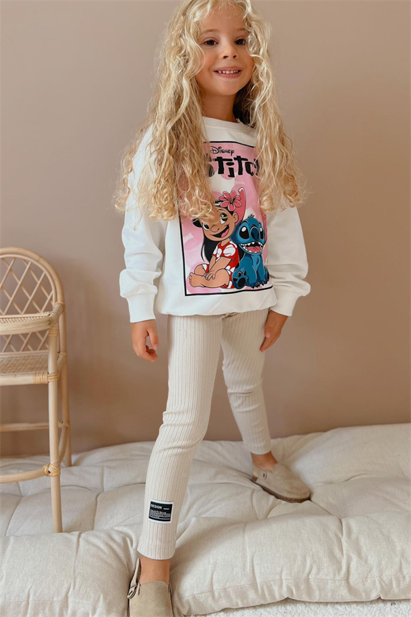 Kız Çocuk 2 İplik Stitch Baskı Ekru Taytlı Takım