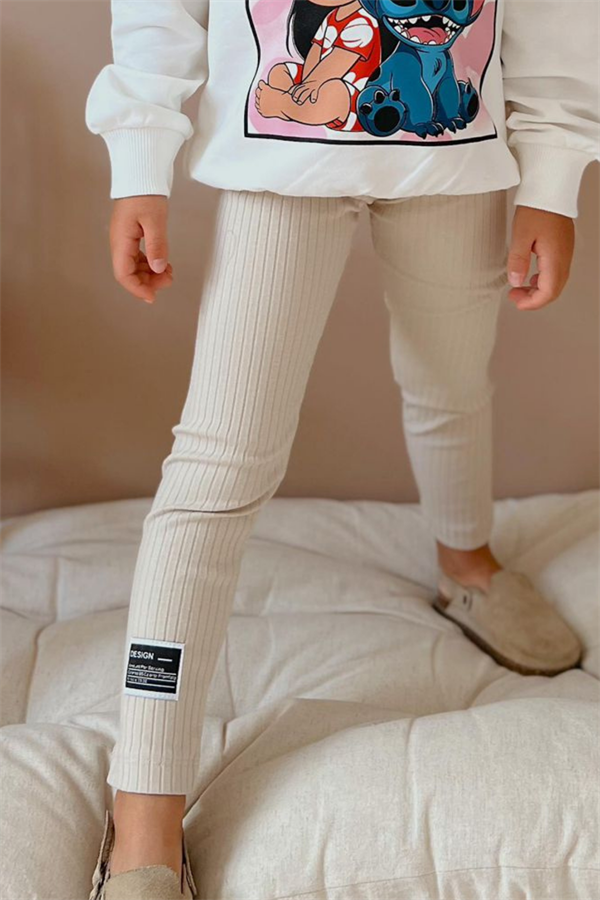 Kız Çocuk 2 İplik Stitch Baskı Ekru Taytlı Takım