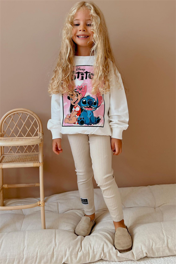 Kız Çocuk 2 İplik Stitch Baskı Ekru Taytlı Takım