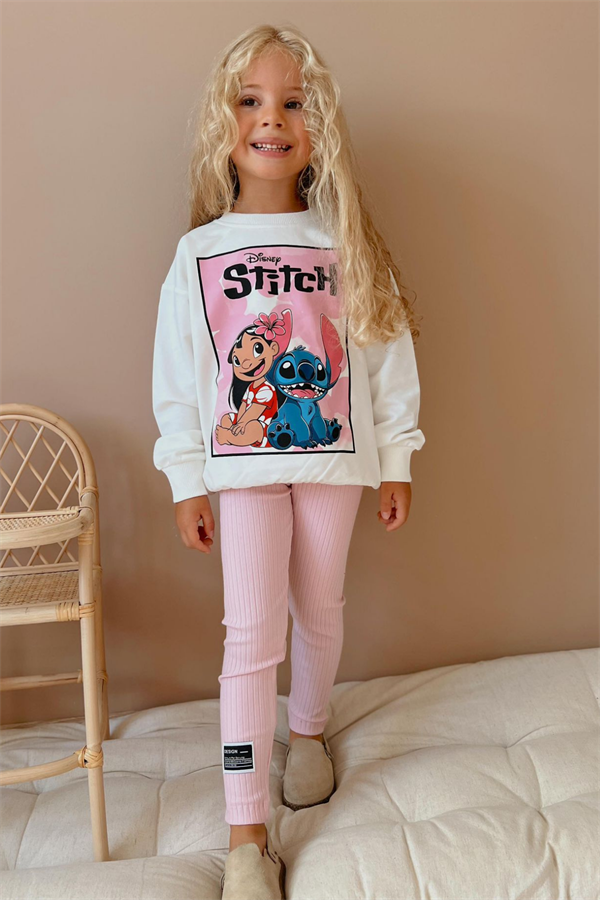 Kız Çocuk 2 İplik Stitch Baskı Pembe Taytlı Takım