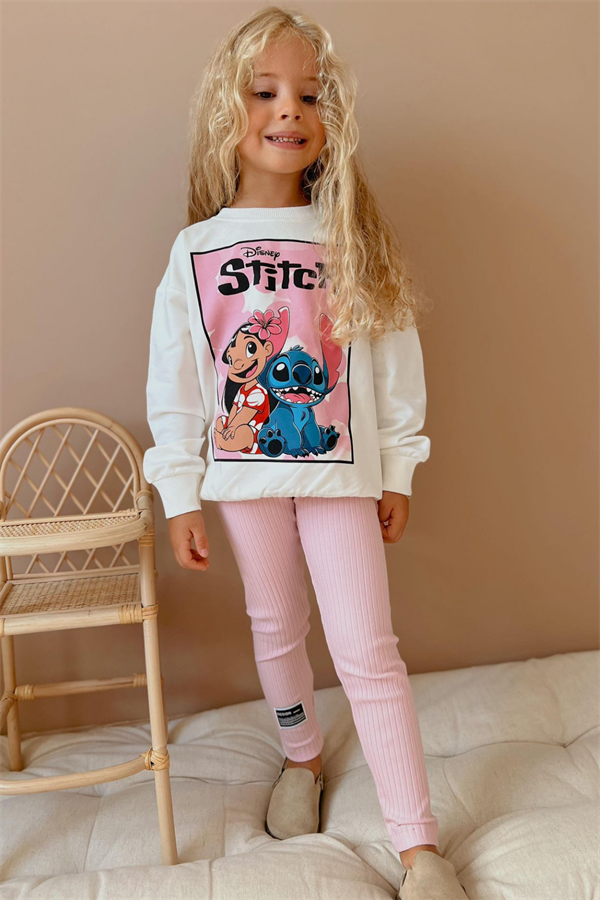 Kız Çocuk 2 İplik Stitch Baskı Pembe Taytlı Takım