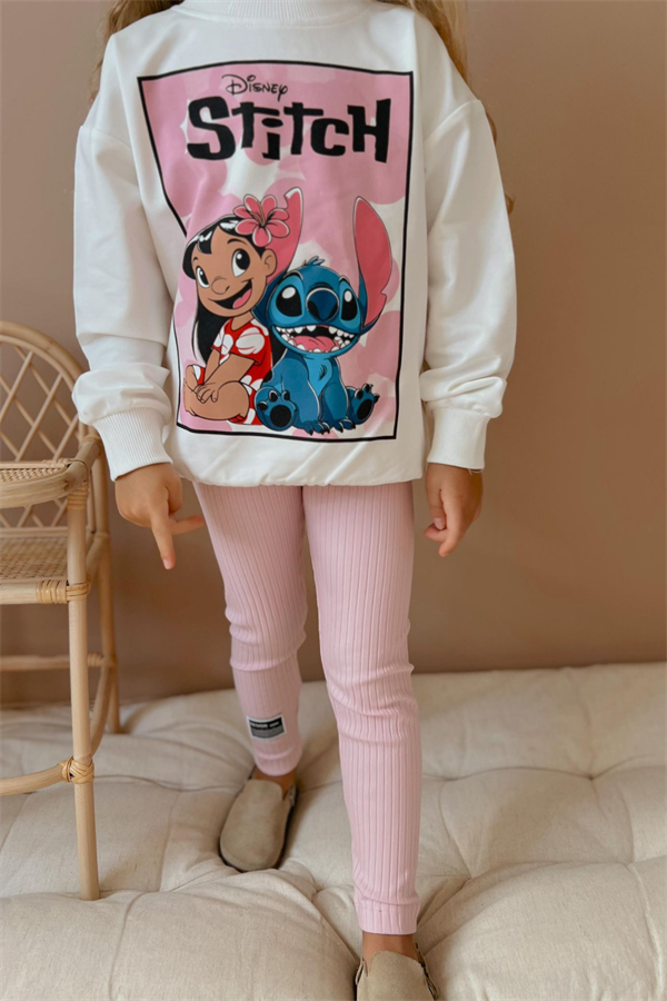 Kız Çocuk 2 İplik Stitch Baskı Pembe Taytlı Takım