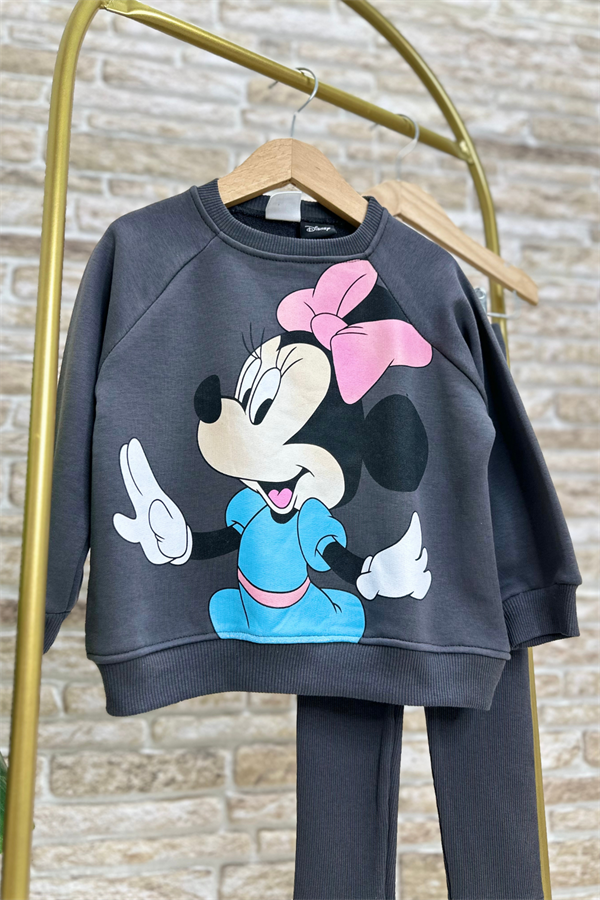 Kız Çocuk 3 İplik Antrasit Minnie Taytlı Takım