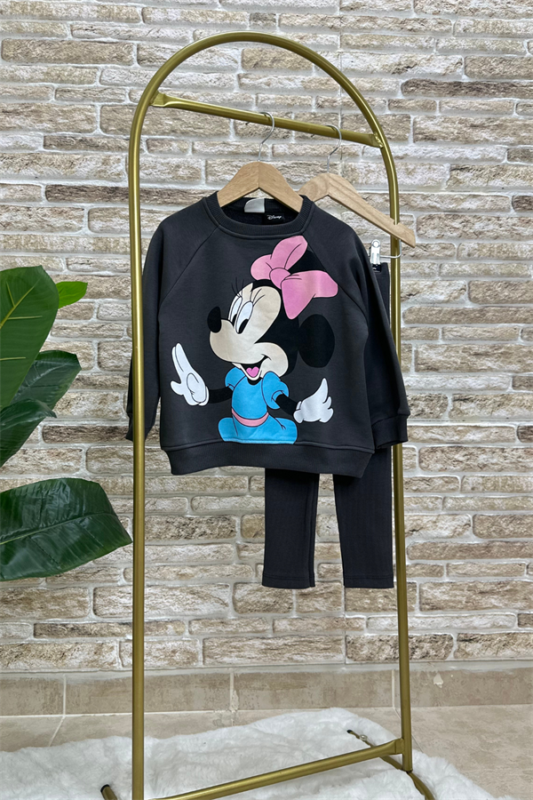 Kız Çocuk 3 İplik Antrasit Minnie Taytlı Takım