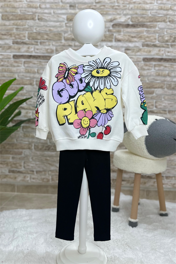 3 İplik Çiçekli Cool Siyah Taytlı Takım