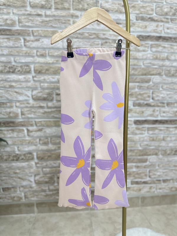 Kız Çocuk 3 İplik  Çiçekli Lila Krem İspanyol Taytlı Takım