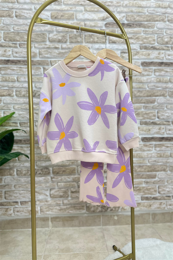 Kız Çocuk 3 İplik  Çiçekli Lila Krem İspanyol Taytlı Takım